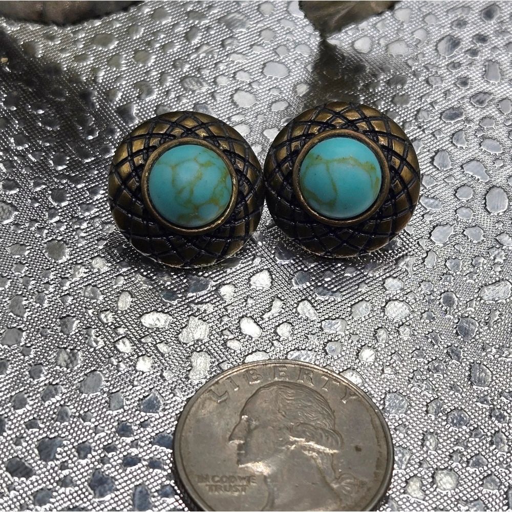 "5/$25" Brass Tone Gaux Turquoise Stud Post Round Southwestern Style Earrings - Picture 5 of 7
